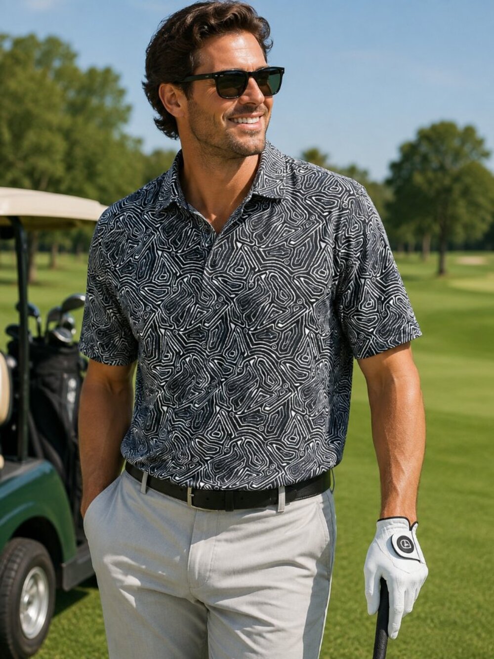 VRST Mens Performance Polo Shirt Size S Black White Abstract Pattern Golf